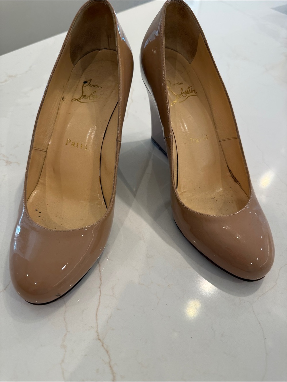 Christian Louboutin Beige Patent Leather Round-Toe Pumps